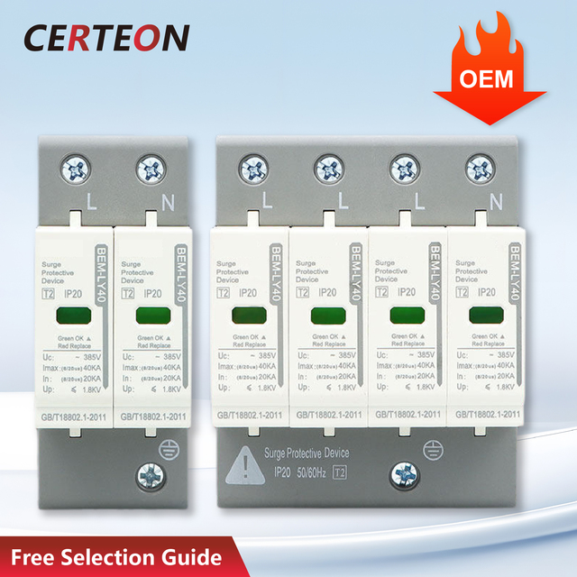 DIN Rail Surge Protective Device SPD Type 1+2 Lightning Arrester AC 220V 380V 2P 3P 4P Industrial Protection 20kA 100kA
