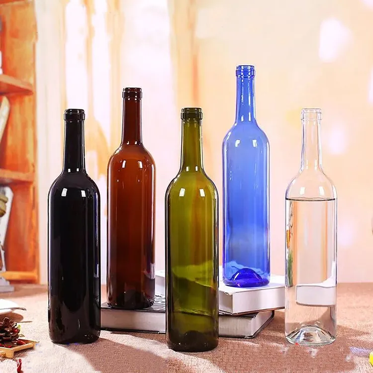 Botellas de vino vacías de escarcha oscura, color ámbar, azul y verde, 750 ml, venta al por mayor