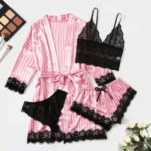 Nightgown Wholesale Pajamas Four Pieces Breathable Lace Satin Elastic Waist Robe Home Wear <b>Silk</b> Sexy Women Night Dress Sleepwear - Product Image 2