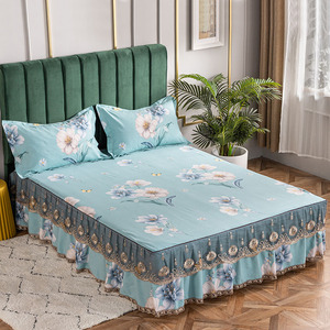 Jupe de <span class=keywords><strong>lit</strong></span> et couvre-<span class=keywords><strong>lit</strong></span> ensemble de trois pièces draps en fourrure épaissie en dentelle taie d'oreiller à bord à volants - Product Image 5