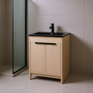 Mueble de Baño Independiente de 24 Pulgadas con Acabado en Roble Claro, Lavabo de Cerámica Negro, Puertas con Cierre Suave, Diseño Moderno y Contemporáneo - Product Image 2