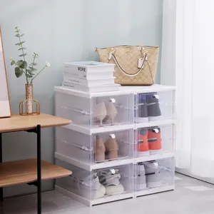 Organizador de zapatos transparente, contenedor apilable de zapatos, caja de almacenamiento de zapatos de plástico plegable