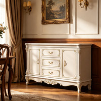 Buffet de luxe européen avec plateau en marbre, sculpté à la main, en bois massif, avec garniture dorée, armoire de rangement pour salle à manger, vente en gros