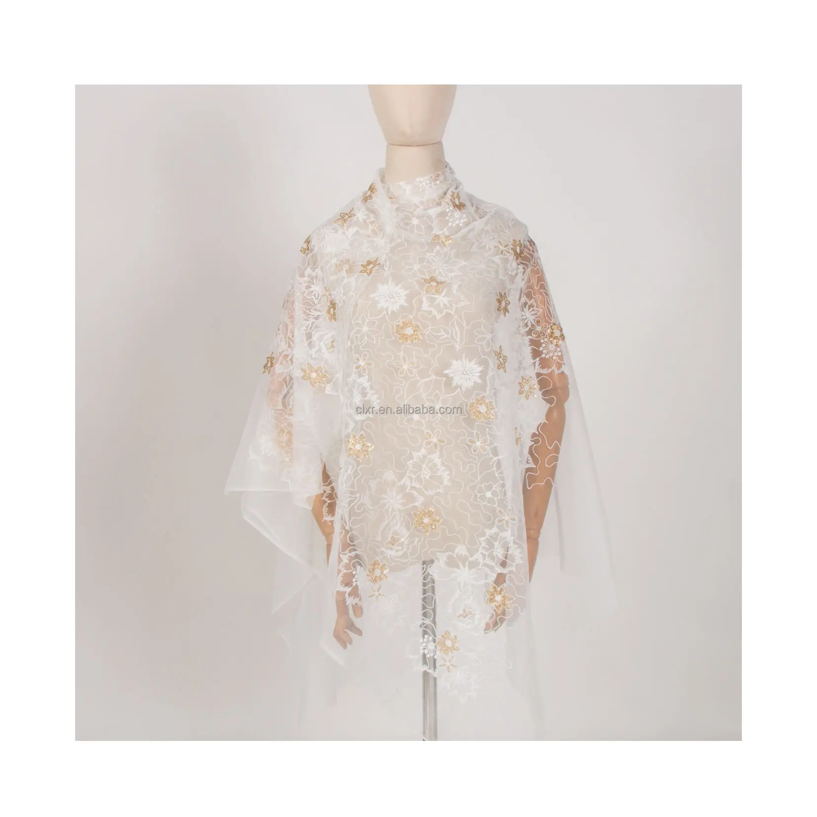 2023 sıcak satıcı beyaz nakış tül dantel kumaş çiçekler için düğün elbisesi tül dantel payetler kumaş