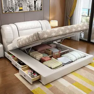 Raja bingkai kayu furnitur kamar tidur ukuran Queen mewah Modern lembut nyaman berlapis kain ruang tamu tempat tidur kulit