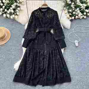 Vestido Maxi Casual de Invierno 2024 para Mujer, Estilo Vintage, Manga Farol, Bordado, Encaje Tejido, Ecológico, Blanco y Negro - Product Image 3