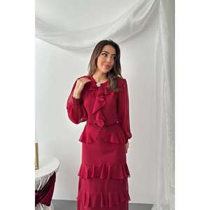 Ensemble short 2 pièces en mousseline de soie bordeaux à volants pour femme, tailles 2XL, 3XL, 4XL, vente en gros - Product Image 3