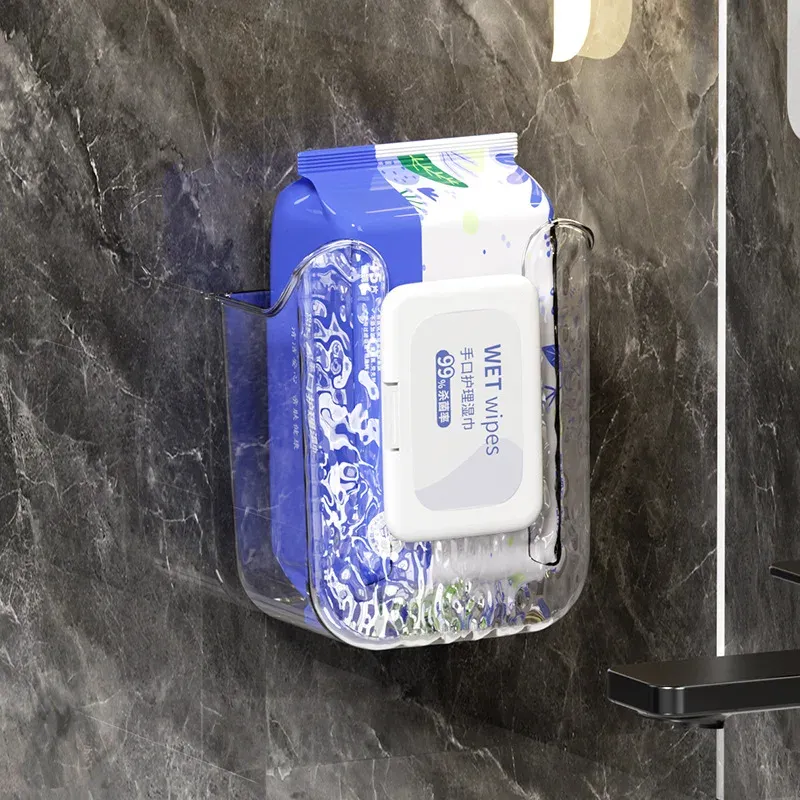 Boîte à mouchoirs murale en plastique conteneur de serviettes sans poinçon à l'envers porte-serviettes en papier auto-adhésif peu encombrant bureau
