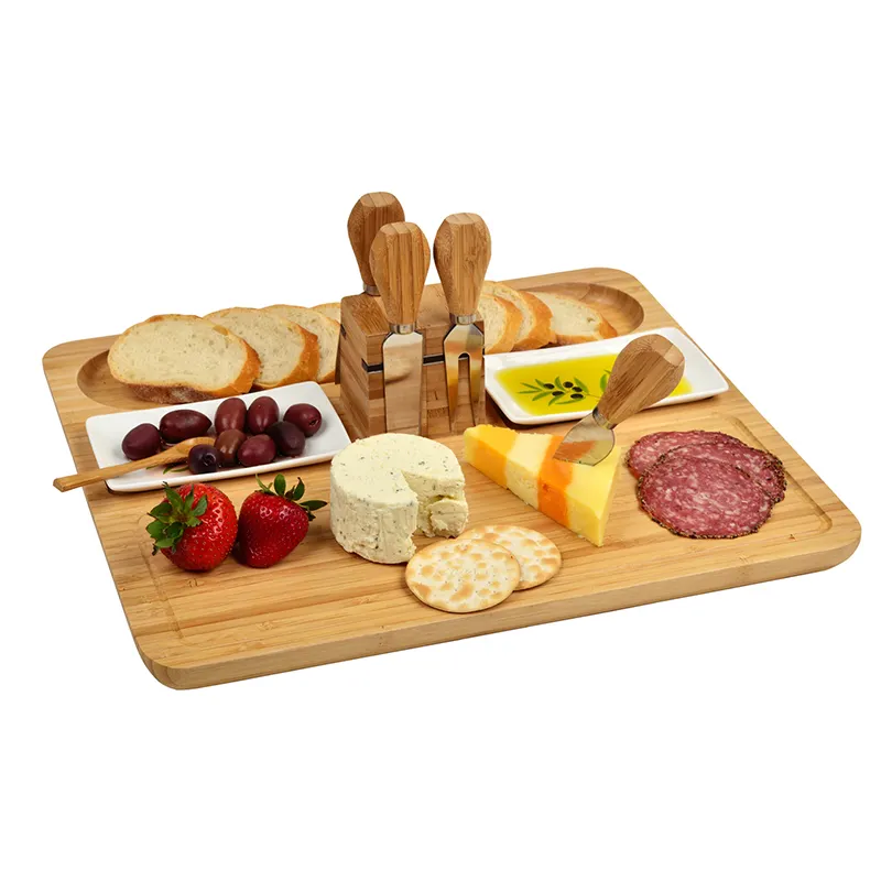 Custom Food Grade Large Kitchen Bamboo Tray For Cheese Serving Tray And Knifes Ceramic Bowl