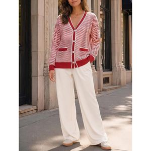 Cárdigan de punto personalizado para mujer, cuello en V, con botones, bolsillos, ribete en contraste, estilo clásico, ropa exterior. - Product Image 5