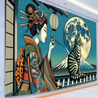 Tapisserie murale en polyester motif chat Geisha Teal Moonlit, résistante à la décoloration, légère, facile à accrocher, art mural, vente en gros