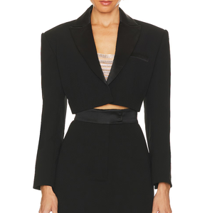 เสื้อสูทผู้หญิงสีดำผ้าซาตินแบบครอป ปกแหลม ติดกระดุมเม็ดเดียว แขนยาว สำหรับงานทางการและธุรกิจ - Product Image 4