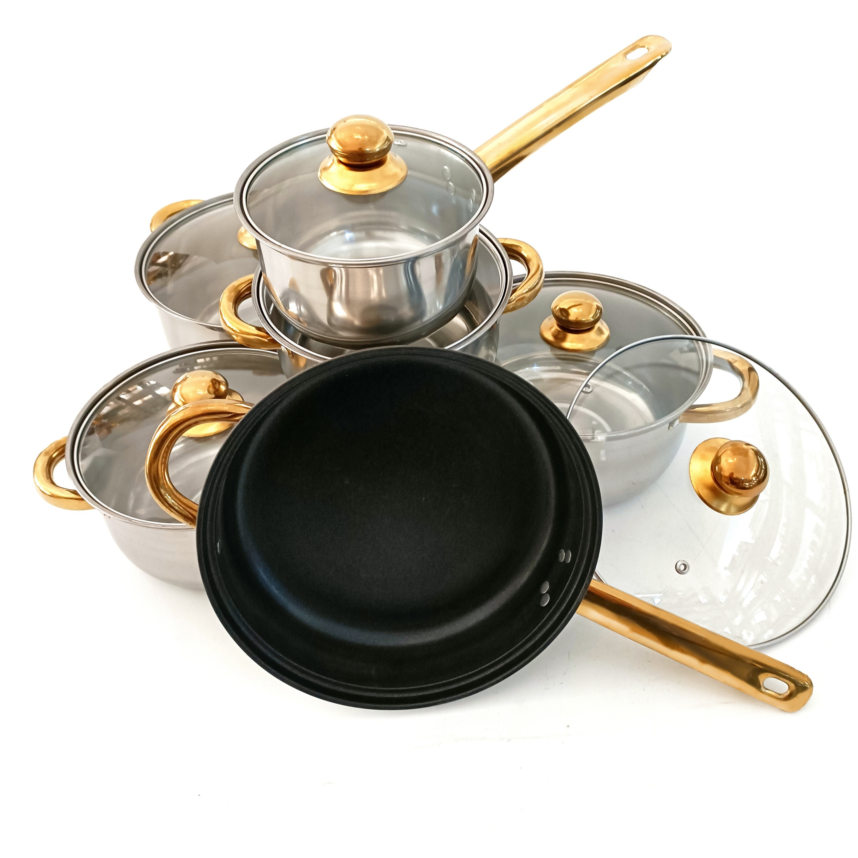 12pcs Modern Stainless Steel Cookware Set with Cooking Pots and Pans Single Bottom Lid Gold Glass Lids · image 3