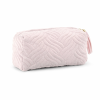 Pochette de maquillage matelassée bleu sarcelle avec fermeture éclair dorée et pompon, trousse de toilette de voyage douce et organisatrice