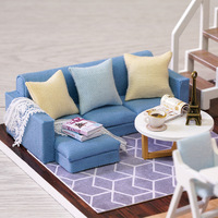 Casa de Muñecas DIY Azul Claro Hecha a Mano, Modelo de Construcción Pequeña L-023, Juguete Creativo para Niñas, Regalo de Cumpleaños, Rompecabezas 3D