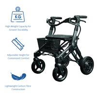 Déambulateur pliant Relaxsmith en fibre de carbone, nouveau design, cadre futuriste noir-gris, détails cyan, roues de 8 pouces, aide à la mobilité
