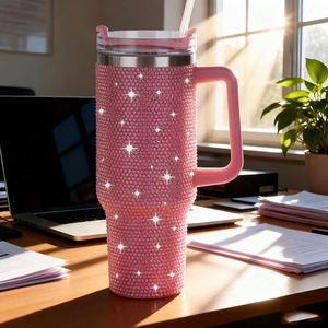 Luxury 40 Oz Stainless Steel Tumbler Handle Lid Bling Rhinestone for Party Vacuum <b>Insulated</b> Portable Car <b>Mug</b> - Product Image 2