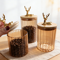 Pot en verre borosilicate ambré à rayures verticales, récipient de stockage alimentaire, pot de rangement en verre pour la cuisine avec couvercle en bambou tête de cerf