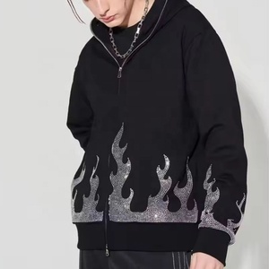 Sweat-shirt d'hiver pour homme de haute qualité, personnalisé, avec broderie de strass, double fermeture éclair, imprimé surdimensionné, en tissu épais délavé soleil - Product Image 2