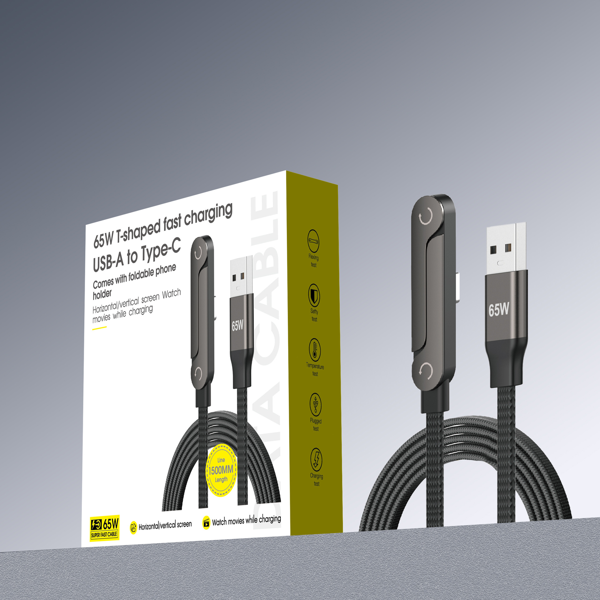 Cable USB-C a USB de 65W, color negro, con caja.
