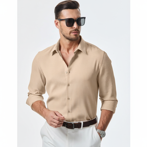 2025ชุดเดรสทำงานลำลองสำหรับผู้ชายชุดเดรสแขนยาวมีกระดุมทรงวาฟเฟิลกระดุมขนาด XL ผ้าฝ้าย100% กระดุมแถวเดียวแฟชั่น - Product Image 1