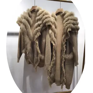 Maglioni da donna abbigliamento all'ingrosso giacca cardigan con collo di pelliccia solida con frangia in pelliccia di volpe