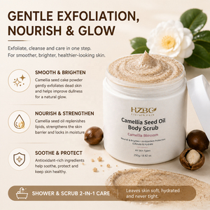 Gommage corporel à l'huile <span class=keywords><strong>de</strong></span> camélia HZBC en gros : Exfolie et hydrate, riche en Oméga-9, lisse la <span class=keywords><strong>peau</strong></span> à la fraise (type KP), nettoyant 2-en-1 - Product Image 3
