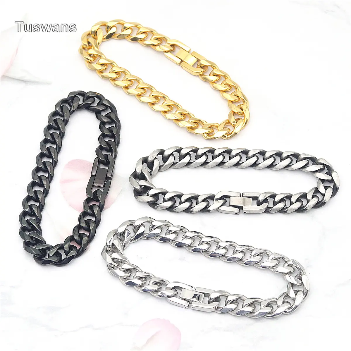 Tuswans diseño personalizado joyería OEM ODM precio de fábrica al por mayor negro plata chapado en oro para hombre pulsera de acero inoxidable