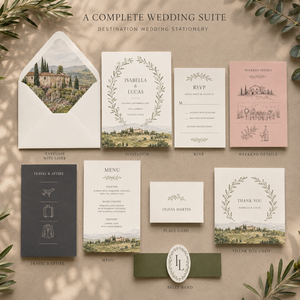 Suite d'invitations de mariage personnalisées illustrées sur le thème d'une destination, avec pochette imprimée paysage de villa et cartes en papier assorties - Product Image 3