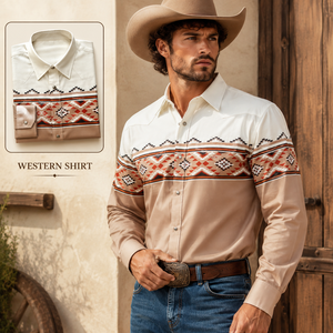 Chemise Western pour Homme à Imprimé Aztèque, Manches Longues, Boutons Pression Perlés, Style Cowboy Ranch, Logo Personnalisé, Col Contrastant - Product Image 1