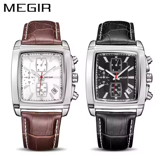 MEGIR 2028 Watch Men Luxury Rectangle Quartz Watches Waterproof Business Leather Wristwatch Male Chronograph Watches