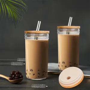 Taza de té de burbujas reutilizable de 24 oz, vaso ancho de Mason con tapa de bambú y vasos de vidrio de paja inoxidable para batidos