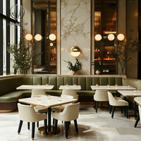 Table et chaises de restaurant Ron Group Modern Square en pierre frittée marbrée vert-blanc, sièges de banquette verts pour hôtel