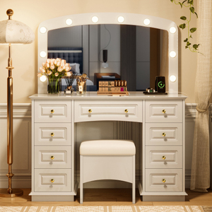 Luxurious Modern Bedroom <b>Mirror</b> Makeup Vanity LED Lighting 3 Color 9 Storage Drawers Cushioned Stool White MDF Apartment - Product Image 3