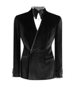 Costume de cérémonie 2 pièces de luxe en velours noir croisé pour homme grande taille (veste et pantalon) pour bal de promo, marié, témoin, smoking - Product Image 1