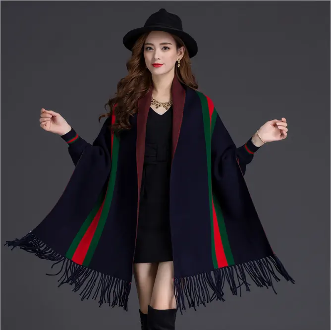 2022 Mode Poncho mit Quasten Marke Pashmina Winter Wolle Mischung Streifen gewebte Ärmel warmen Kaschmir Schal