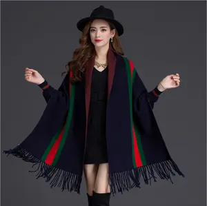 Poncho Thời Trang 2022 Với Tua Rua Thương Hiệu Pashmina LEN MÙA ĐÔNG Pha Trộn Sọc Dệt Tay Áo Khăn Choàng Cashmere Ấm Áp