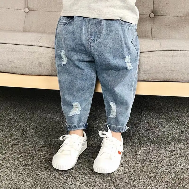 Children clothes long ripped jeans spring autumn 1-8 years old loose girls boys jeans pants