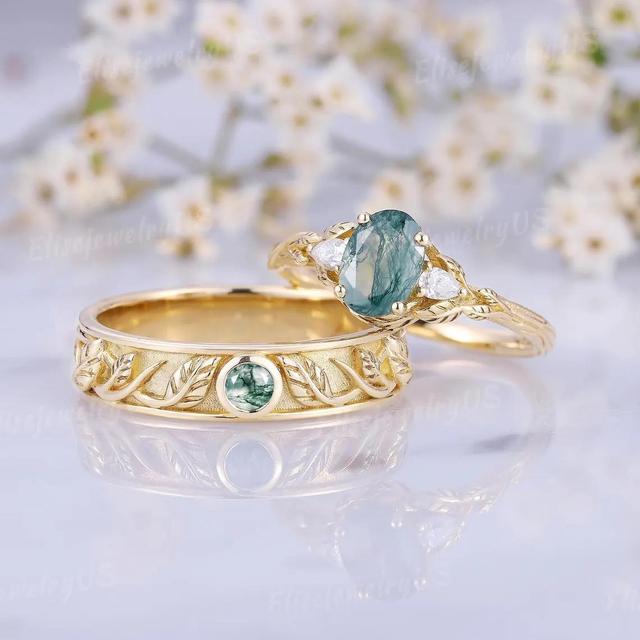 Oval Moss Agate Bridal Ring Set S925 Sterling Silver Leaf Vine Engraved Nature Inspired Engagement Wedding Ring Fine Jewelry
