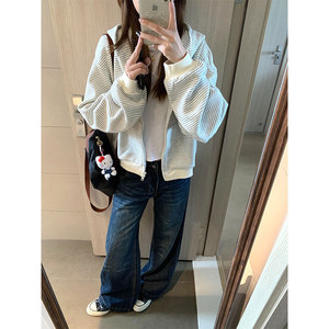 Gray And Pink Striped Hooded Sweatshirt Women Zipper Knitted Breathable Loose Fit Early Autumn 2025 New Style - Product Image 2