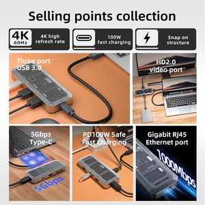 Station d'accueil PIVA G61 6 en 1, concentrateur <span class=keywords><strong>USB</strong></span> 6 ports, alliage d'aluminium, 4K60Hz, PD100W, USB3.0, port Ethernet Gigabit RJ45 pour le <span class=keywords><strong>bureau</strong></span> - Product Image 3