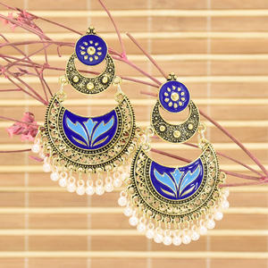 Ethnische Rosa Blumen-Halbmond-Ohrringe Bollywood Kundan Jhumka Böhmische Perlenohrringe für Damen Hochzeit - Product Image 5