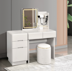 Meja rias berlampu LED dengan pemegang pengering rambut 5 laci meja rias putih Modern untuk kamar tidur dengan bangku bulat - Product Image 2