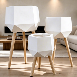 3 Pcs White Arch Embossed Tripod Planter Set, Standing <b>Flower</b> <b>Pot</b> with Wood Legs - Product Image 1