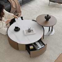 Table basse de luxe haut de gamme au design minimaliste italien, avec structure en cuir et plateau en dalle de roche, espace de rangement, mobilier de maison