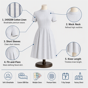 Damenkleid 240GSM Blickdichtes Übergrößen-Kleid aus Baumwolle und Leinen mit Aufdruck, Ausgestellter Saum, Stehkragen, Kurze Ärmel, Knielang, Sommer, Individuelles Logo - Product Image 2