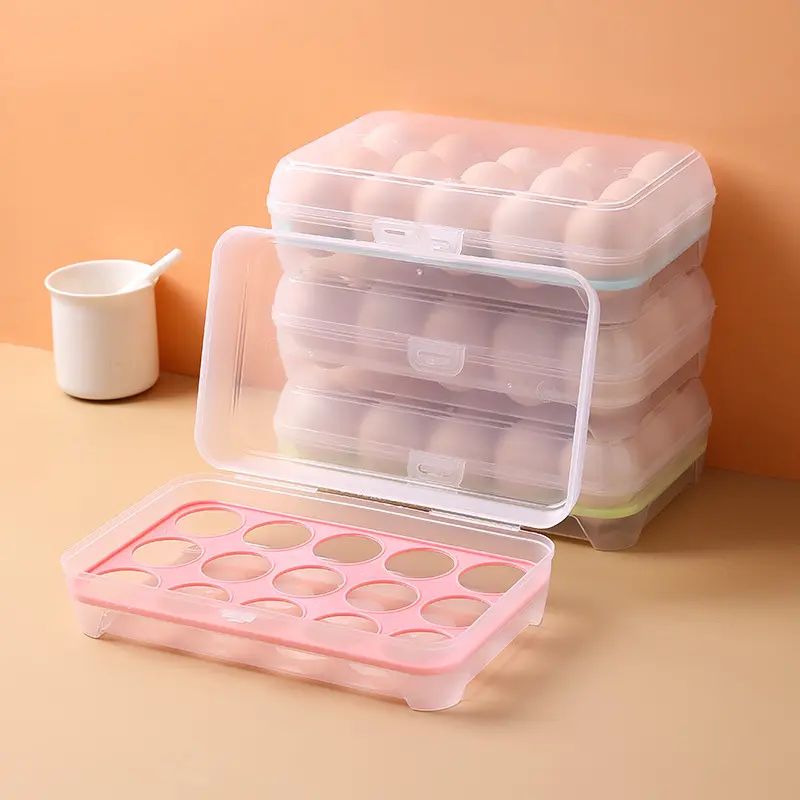 kitchen friger egg storage organizer egg holder containers clear plastic refrigerator 15 grid egg storage box