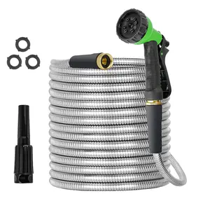 DD1291 Metal Garden Hose with 10 Function Sprayer 100ft Metal Fittings Flexible Hose Heavy Duty Stainless Steel Water Hose