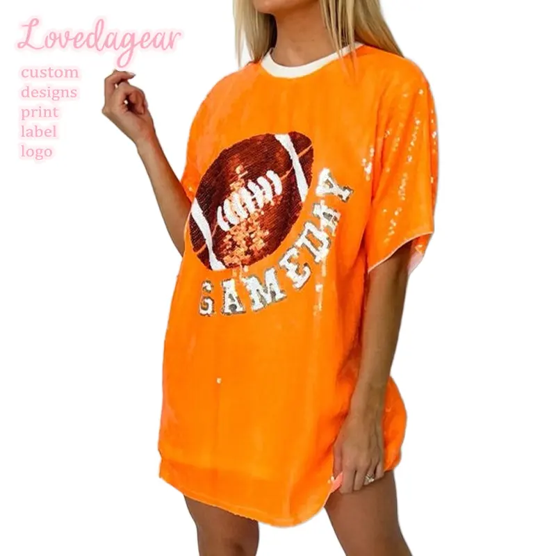 맞춤형 부티크 의류 용품 오렌지 게임 데이 축구 스팽글 셔츠 드레스 여성