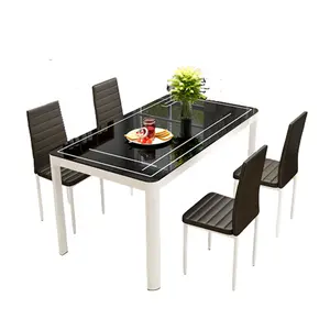 현대 미니멀리스트 스퀘어 다이닝 테이블 작은 아파트 식탁 및 의자 조합 강화 유리 식탁 스틸 프레임